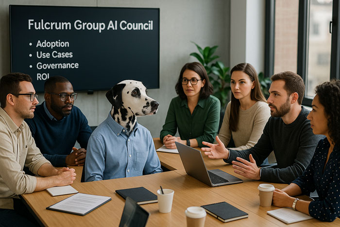 A diverse group of professionals sits around a modern conference table during a Fulcrum Group AI Council meeting, with a screen displaying topics like Adoption, Use Cases, Governance, ROI, and Connection.
