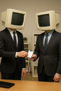 Two business professionals exchanging an ID badge to represent digital identity and access control in cybersecurity