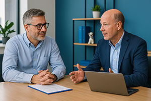 Two middle-aged business leaders in DFW discussing smarter B2B marketing and IT strategy with a SPOT Dalmatian bobblehead in the background - Fulcrum Group