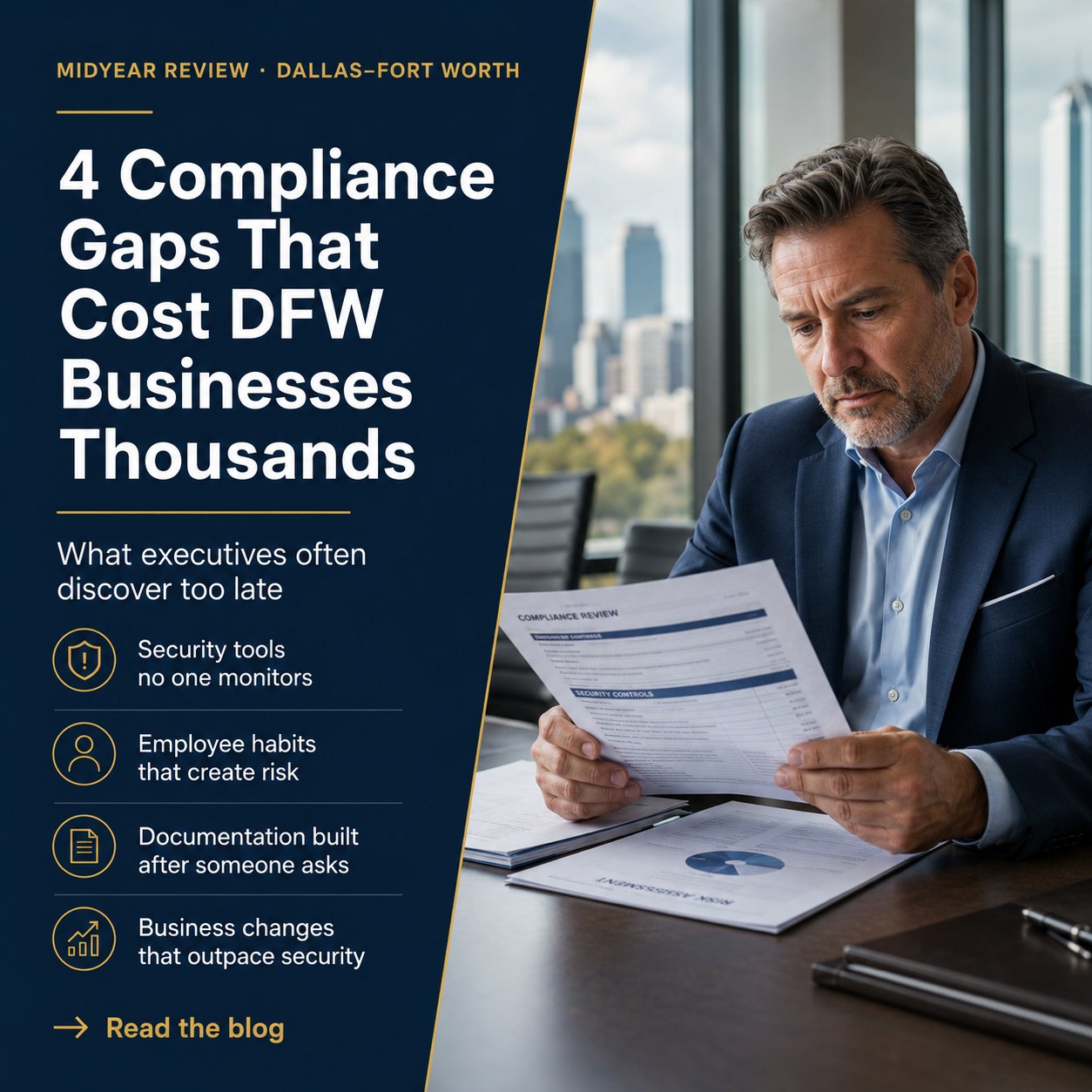 DFW business leaders reviewing compliance and security documents in a conference room