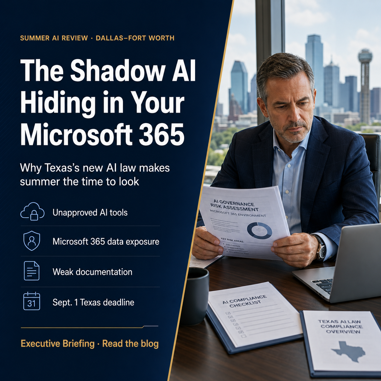 Businessman reviews AI governance documents with Dallas skyline behind him